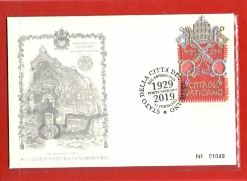 2019 Vatikan, Gedenkumschlag 90 Stiftung Vatikanstadt, 1929-2019