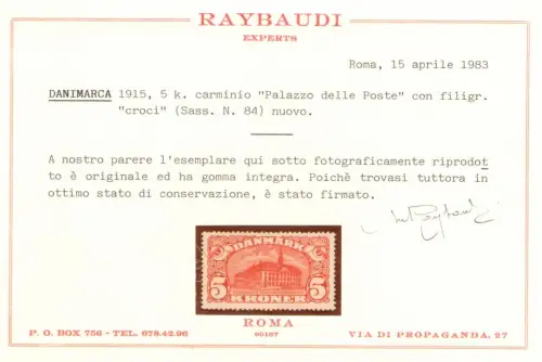 1915 Dänemark - 5 karminrote Kronen - Einheitskatalog Nr. 86 - Yvert Nr. 68 - Postpalast - MNH** - Raybaudi Zertifikat