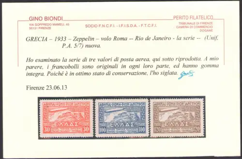 1933 Griechenland - Griechenland, Luftpost - Graf Zeppelin Rom - Rio de Janeiro - Yvert Nr. 5/7 - MNH ** Zertifikat Blond