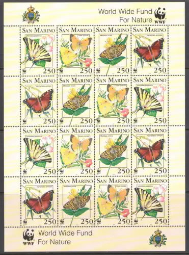 1993 San Marino, Kleinbogen Schmetterlinge, WWF - Naturschutz - Kleinbogen mit 16 Werten - postfrisch **