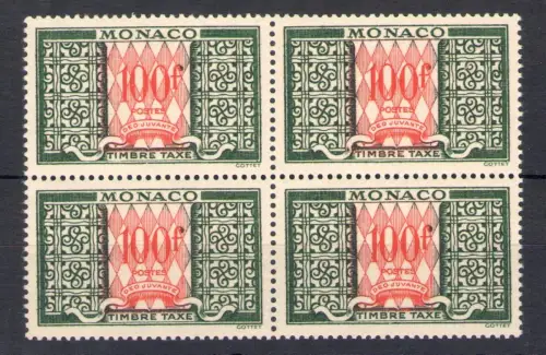 1946-57 MONACO, Steuern Nr. 39 - 100 Franken und rot - Viererblock - postfrisch **