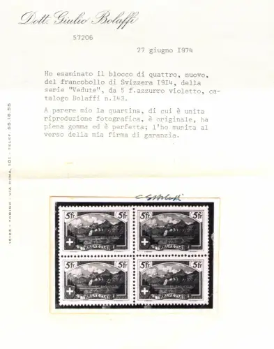 1914 SCHWEIZ, Einheitskatalog Nr. 143, 5 Franken Rutli, postfrisch** - Bolaffi Zertifikat - stammt aus Quartina