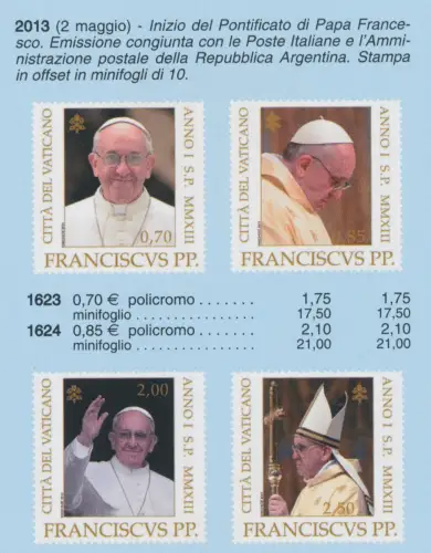 2013 Vatikan, Beginn des Pontifikats von Papst Franziskus # 1623/26, postfrisch**