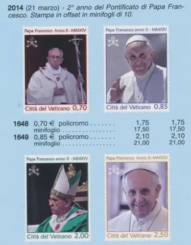 2014 Vatikan, Zweites Jahr des Pontifikats von Papst Franziskus # 1648/51, postfrisch **