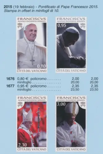 2015 Vatikan, Drittes Jahr des Pontifikats von Papst Franziskus # 1676/79, postfrisch **