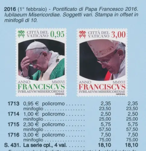 2016 Vatikan, Viertes Jahr des Pontifikats von Papst Franziskus # 1713/16, postfrisch **