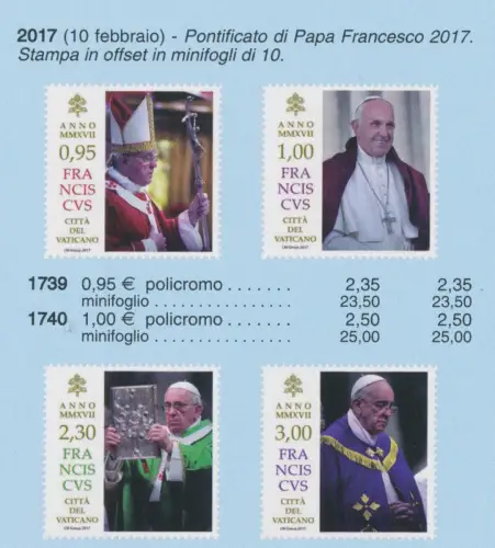 2017 Vatikan, Fünftes Jahr des Pontifikats von Papst Franziskus # 1739/42, postfrisch **