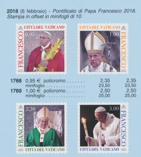 2018 Vatikan, Sechstes Jahr des Pontifikats von Papst Franziskus # 1768/71, postfrisch **