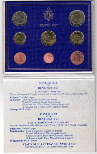 2007 Vatikan, kompletter Jahrgang, Offizielle Münzserie, FDC