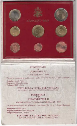 2004 Vatikan, kompletter Jahrgang, offizielle Serienmünzen, FDC
