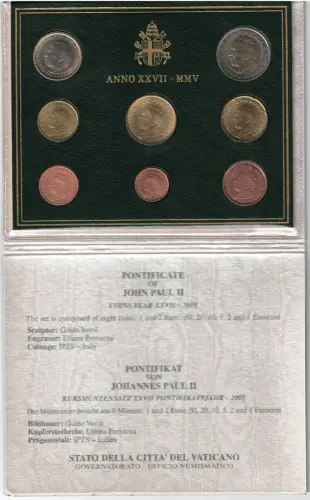 2005 Vatikan, kompletter Jahrgang, offizielle Serienmünzen, FDC