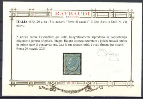 1865 Italien, Hufeisen II Typ # 24 - 20 Cent auf 15 Cent hellblau, postfrisch **