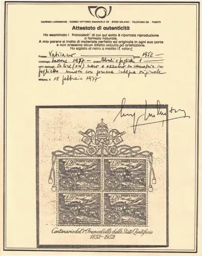 1952 Vatikan, Hundertjahrfeier der ersten Briefmarken, BF 1, MNH **