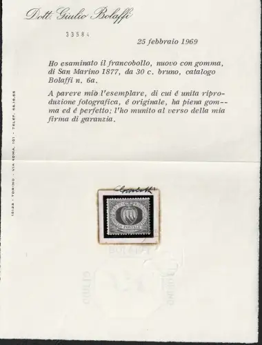 1877 San Marino, # 6, 30 Cent braun - diskrete Zentrierung - postfrisch **