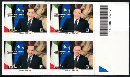 2024 Italien, Silvio Berlusconi 4er Block mit Barcode, postfrisch **