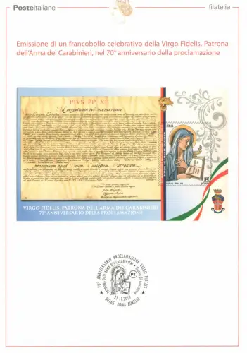 2019 ITALIEN, Postbrief inklusive Zettel, Virgo Fidelis Patrona dell'Arma dei Carabinieri Auflage 2.000 - MNH **