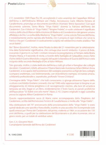 2019 ITALIEN, Postbrief inklusive Zettel, Virgo Fidelis Patrona dell'Arma dei Carabinieri Auflage 2.000 - MNH **