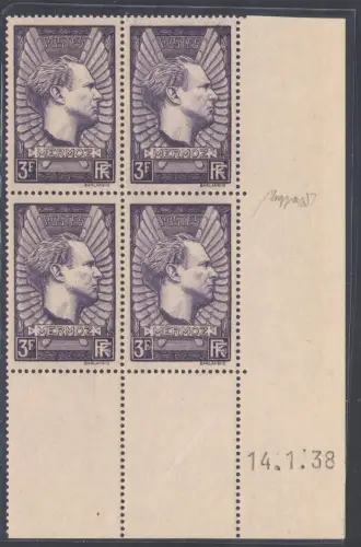 1937 FRANKREICH, 3 FF Violetto Grigio, Aviatore Jean Mermoz # 338b, Coin dateè MNH **