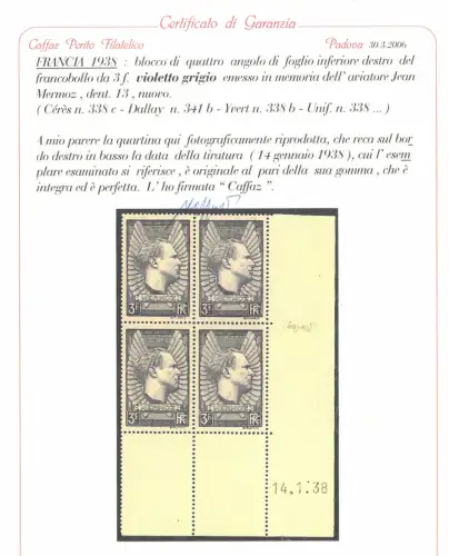 1937 FRANKREICH, 3 FF Violetto Grigio, Aviatore Jean Mermoz # 338b, Coin dateè MNH **