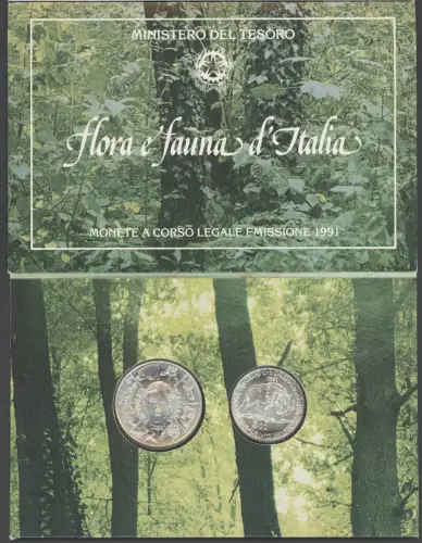 1991 Italien, 500 Lire + 200 Lire Flora und Fauna, Offizieller Karton, FDC