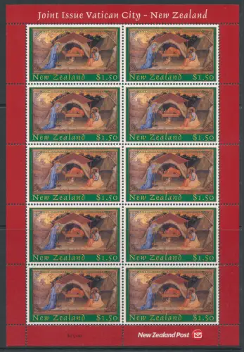 2002 New Zealand - Weihnachten - Gemeinschaftsausgabe mit Vatikan Nr. 1290 - 10-Werte-Miniblatt - MNH **