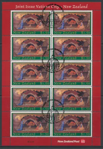2002 New Zealand - Weihnachten - Gemeinschaftsausgabe mit Vatikan Nr. 1290 - 10-Werte-Miniblatt - Gebraucht Erstausgabetag