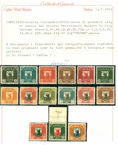1922 Karjala Finnland - Nr. 1-15, Serie von 15 Werten, herausgegeben von der Provisorischen Regierung während der Russischen Revolution - postfrisch **