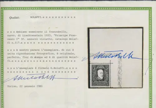 1933 Liechtenstein, Nr. 117, Bildnis Prinz Franz I., 1 Wert, Bogenwinkel, postfrisch**