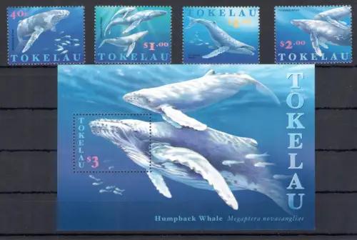 1997 Tokelau, Wale und Delfine - Nr. 242/45 + BF 17 - POSTFRISCH**