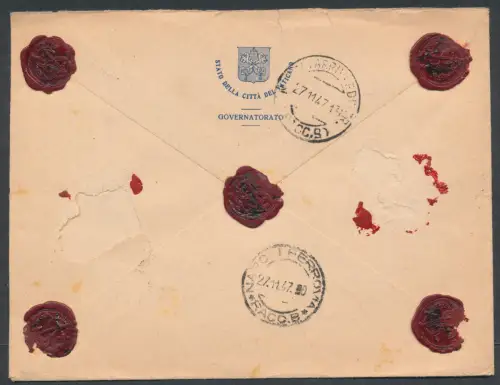 1947 Vatikan, Pius XI., Luftpost # 9/15 auf Umschlag, versicherte Reise