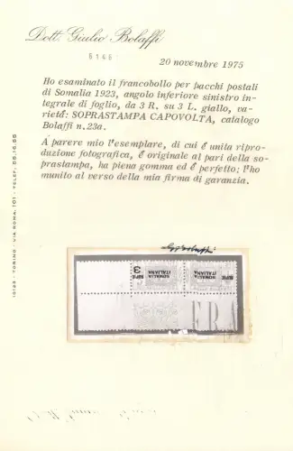 1923 Somalia, Pakete 3 Rupien auf 3 gelben Lire Umgekehrter Aufdruck Nr. 28a MNH **