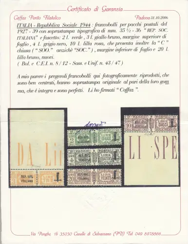 1944 Italienische Sozialrepubblica, Postpakete # 36a/47a Zertifikat Kaffee