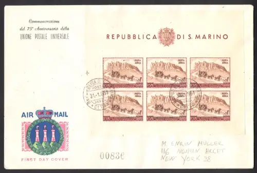 1951 San Marino, Ansichtsblatt Nr. 10, von San Marino nach New York - FDC