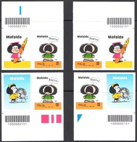 2021 Italienische Republik, Mafalda, Briefmarke + Briefverschluss und zugehöriger Barcode , Rechts und Links des Blattes, Hoch und Tief, postfrisch **