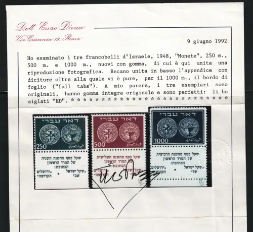 1948 ISRAEL, Alte Jüdische Münzen, mit Anhängen, # 7/9, postfrisch **