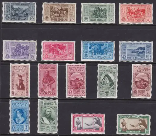 1932 KÖNIGREICH ITALIEN - Garibaldi Nr. 315/324 + PA 32/38 17er MNH-Wertserie ** Raybaudi Zertifikat