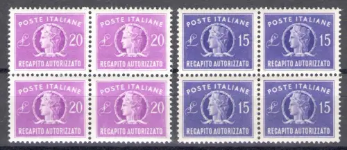 1949 REPUBLIK Autorisierte Zustellung Kleinformat 15 und 20 Lire Wasserzeichen Rad Nr. 10/11 MNH** QUARTINA