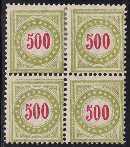 1889-91 Schweiz, Steuern Katalog Zumstein Nr. 22D - 500 olivgrün QUARTINA - MLH* - MNH** SBPV Zertifikat - Von der Weid