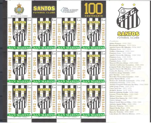 2012 San Marino Santos Centenario Fondazione Squadra Calcio Brasiliana Minifoglio 12 v MNH **
