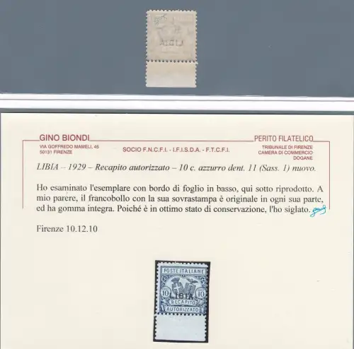 1929 LIBYEN, Autorisierte Zustellung Nr. 1 Gezähnt 11 MNH / ** Blondes Zertifikat