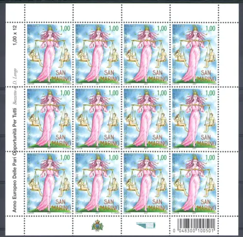 2007 San Marino, Chancengleichheit, Nr. 2165 - Kleinbogen 12 Werte mit Barcode, postfrisch **