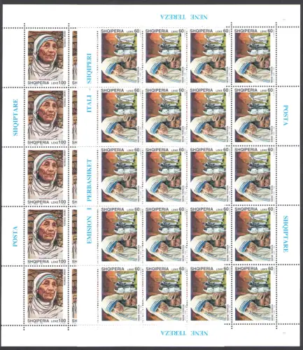 1998 Albanien Mutter Teresa von Kalkutta Gemeinsame Ausgabe - 2 Val in Kleinblättern von 20 MNH **