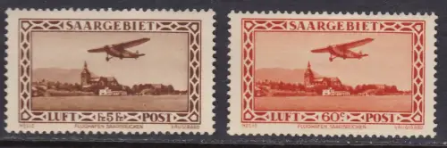 1932 SAARLAND, Luftpost - Flugplatz und Kirche Nr. 3/4 Satz mit 2 Werten MNH/**