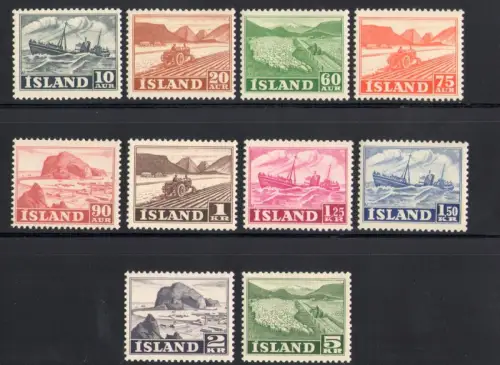 1950 Island, Nationale Aktivitäten, 10 Val Nr. 224-233 MNH ** (1,25 Kr. mit Druckaufkleber)