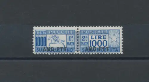 1954 TRIEST A - Postpakete, Pferd - 1000 Lire Übersee filigran Rad, Nr. 26, postfrisch **