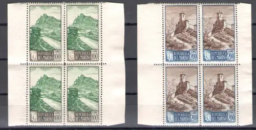 1949 SAN MARINO, Serie Paesaggi, Nr. 342/355,16 Werte in wunderschönen Viererblöcken, inklusive der 2 Zusatzwerte, postfrisch**