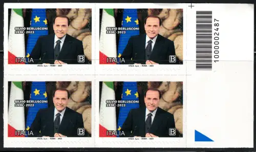 2024 Italien, Silvio Berlusconi 4er Block mit Barcode, postfrisch **