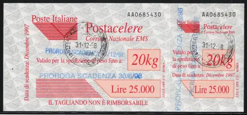 1997 Italien, # 3Ca Sorte, Postdienst ohne Lochkreuz, gebraucht