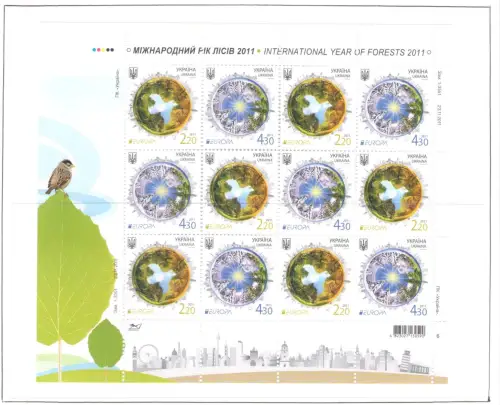 2011 EUROPA CEPT Ukraine 1 Kleinbogen mit 6 Paaren Die Wälder postfrisch **