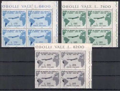 1961 Italien - Republik, Besuch von Präsident Gronchi in Südamerika, 3 Werte, Nr. 918/20, MNH** - Block mit vier Bogenwinkeln